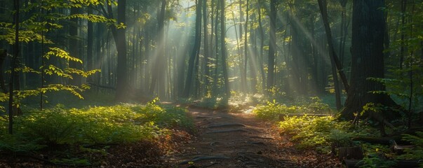 Fototapeta premium Forest trail with sunlight filtering through