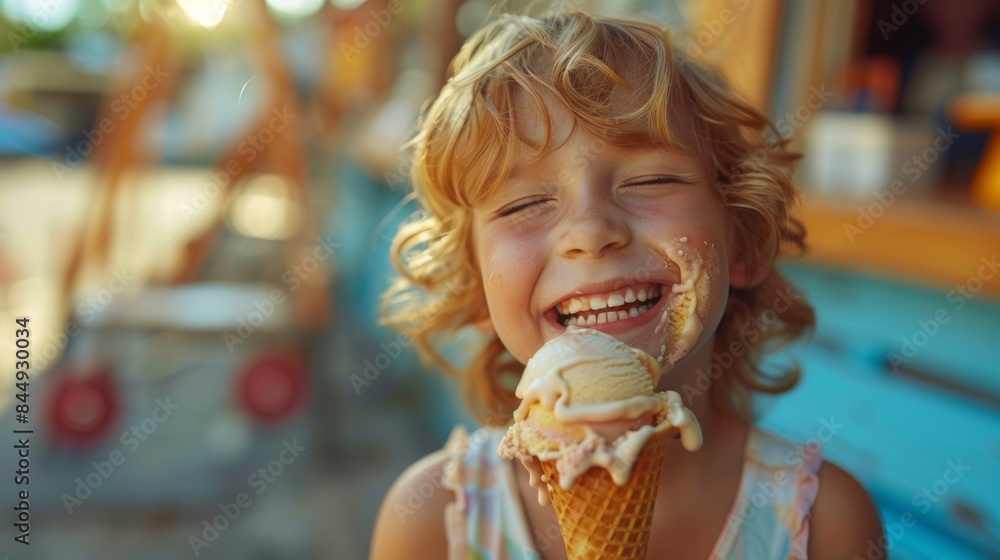 Sticker a young girl eating ice cream with a smile on her face, ai