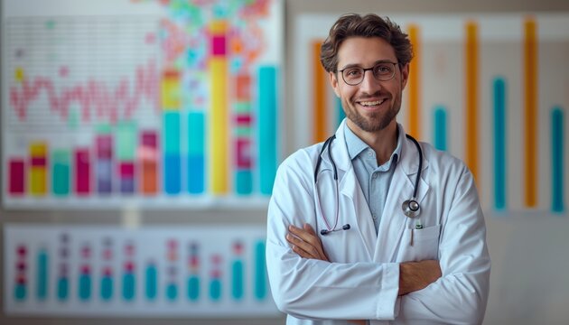 Smiling male doctor with colorful graphs background