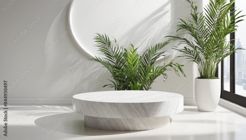 Poster organic greenery enhances luxury display podium template with modern cylinder shape and abstract lea