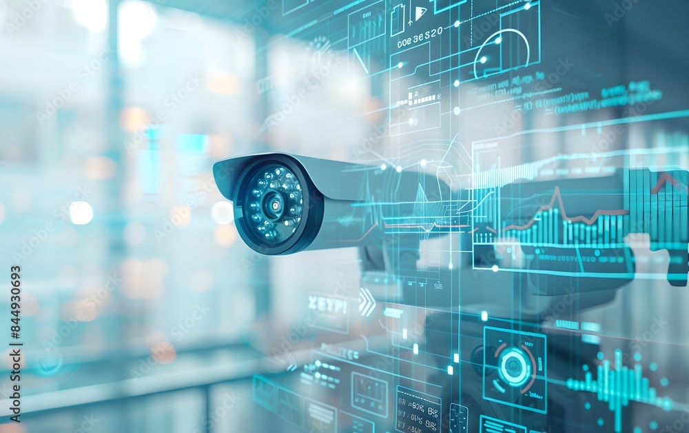 Aufkleber cctv camera with futuristic digital interface against modern office background. surveillance and sec