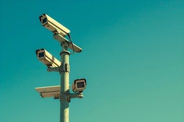 Group of CCTV cameras mounted on pole with blue sky background. Surveillance system technology concept. Electronic device for security and control. Banner with copy space