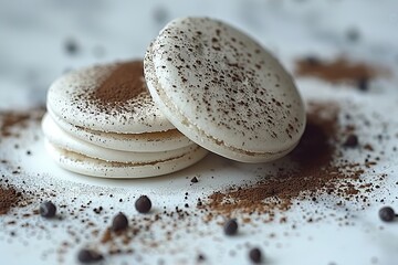 Elegant white macarons with chocolate filling, dusted with cocoa powder, set against a rustic background, capturing a sophisticated and indulgent dessert