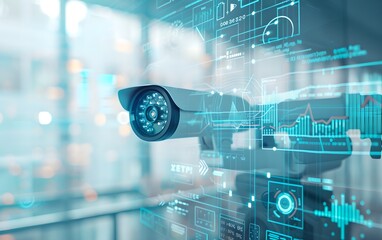 CCTV camera with futuristic digital interface against modern office background. Surveillance and security system concept. Artificial intelligence and facial recognition technology. 
