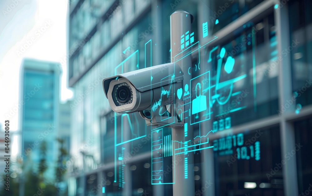 Poster cctv camera with futuristic digital interface against city building background. surveillance and sec