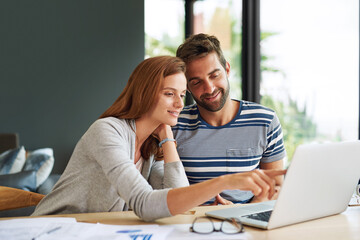 Home, couple and laptop for finance, smile and planning for budget, income and research for life...