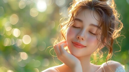 Fototapeta premium A serene Asian girl with closed eyes gently touches her arm, showcasing healthy beauty on a summer day