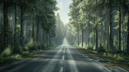 Fototapeta premium Straight empty highway in the forest, Ai Generated