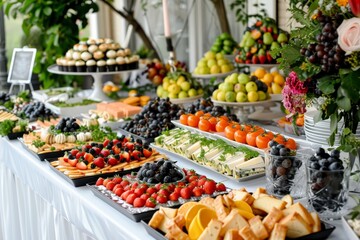 Lavish dessert table with assorted fruits and pastries, set in a garden setting, capturing a vibrant and inviting spread