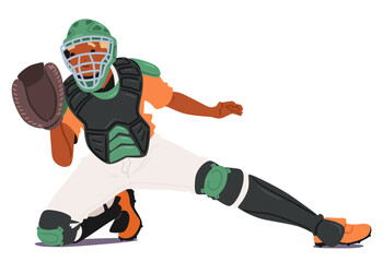 Baseball Catcher In Action Wearing Full Protective Gear, Gloves, And Helmet. The Catcher Is Captured Mid-motion