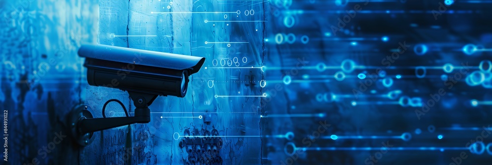 Aufkleber cctv camera on wall with futuristic digital interface background. advanced surveillance system techn