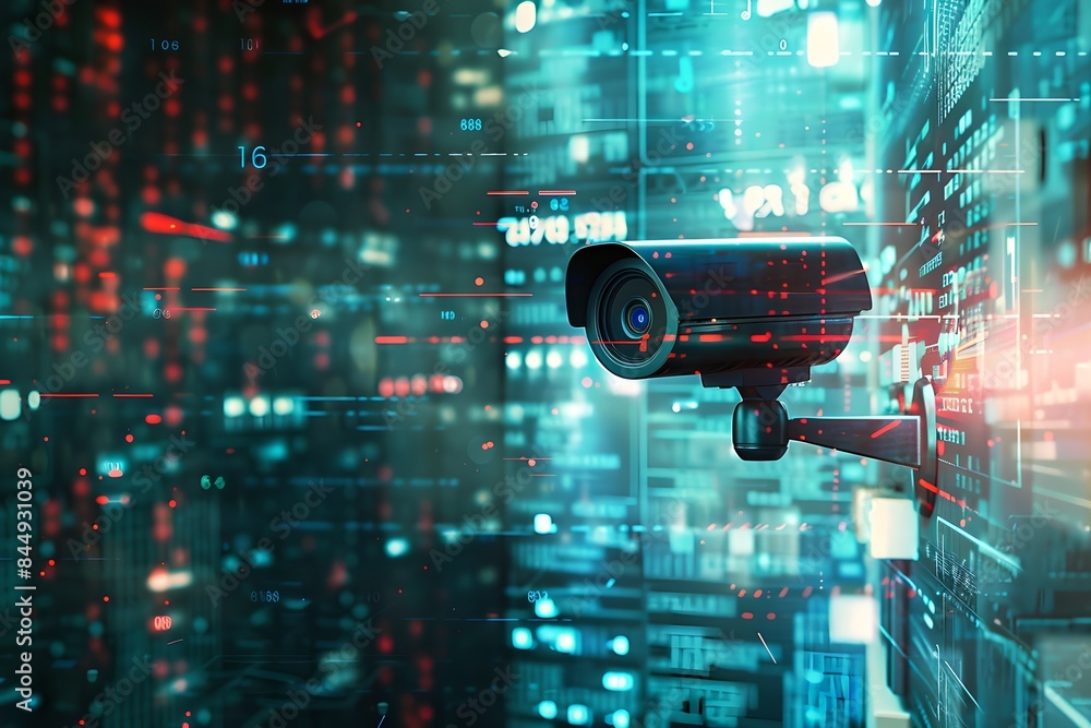 Poster cctv camera with futuristic digital interface background. advanced surveillance system technology co