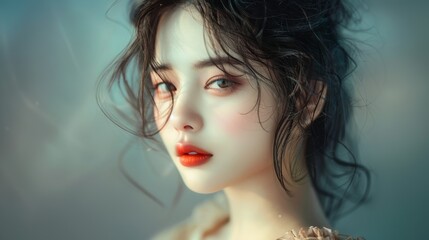 A woman with long black hair and a red lipstick, AI