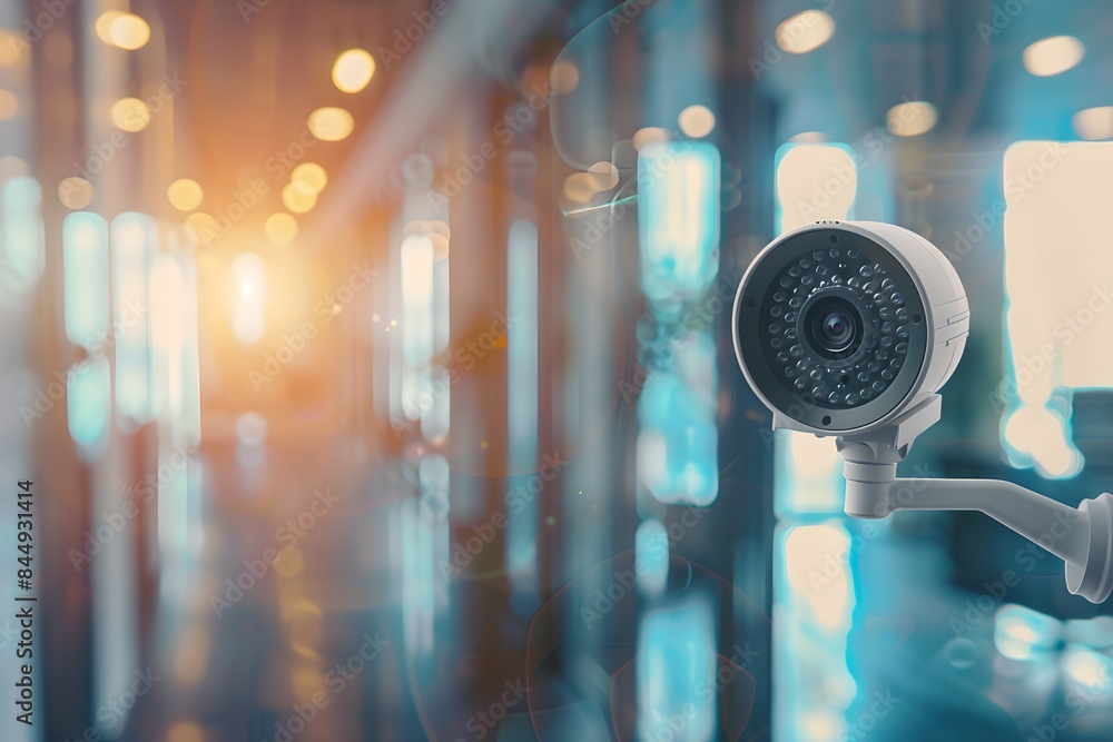 Poster cctv camera in a modern office background. advanced surveillance system technology concept. electron