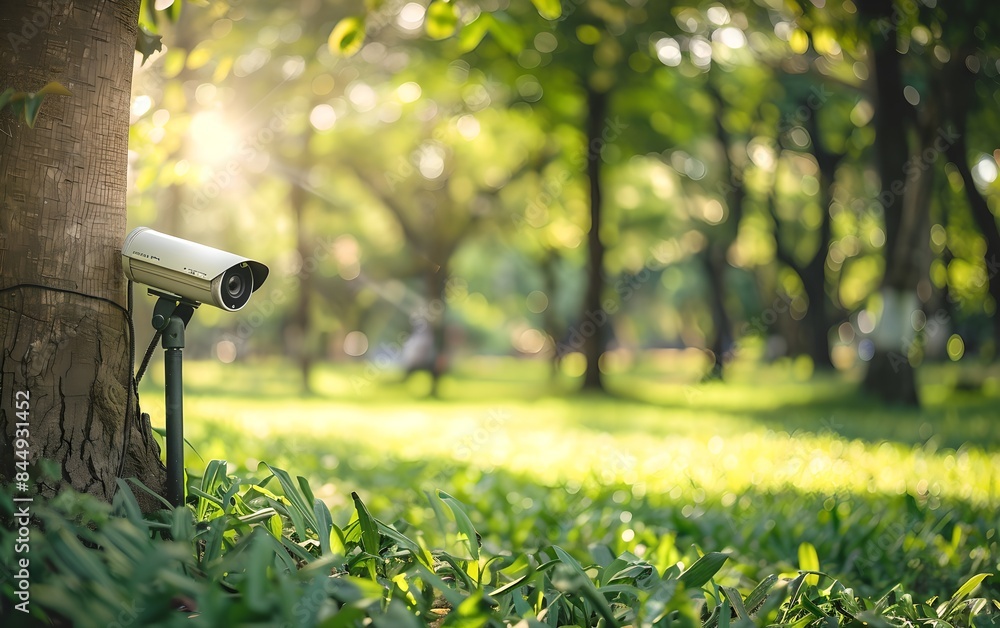Poster cctv camera mounted on tree in park. modern surveillance system technology concept. electronic devic