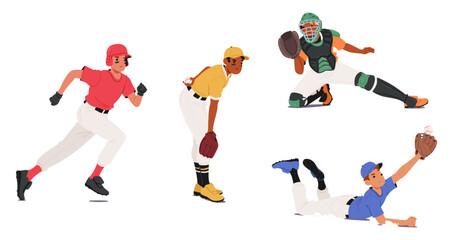 Baseball Players In Various Action Poses. Players Characters Running, Pitching, Catching, And Fielding, Vector Concept