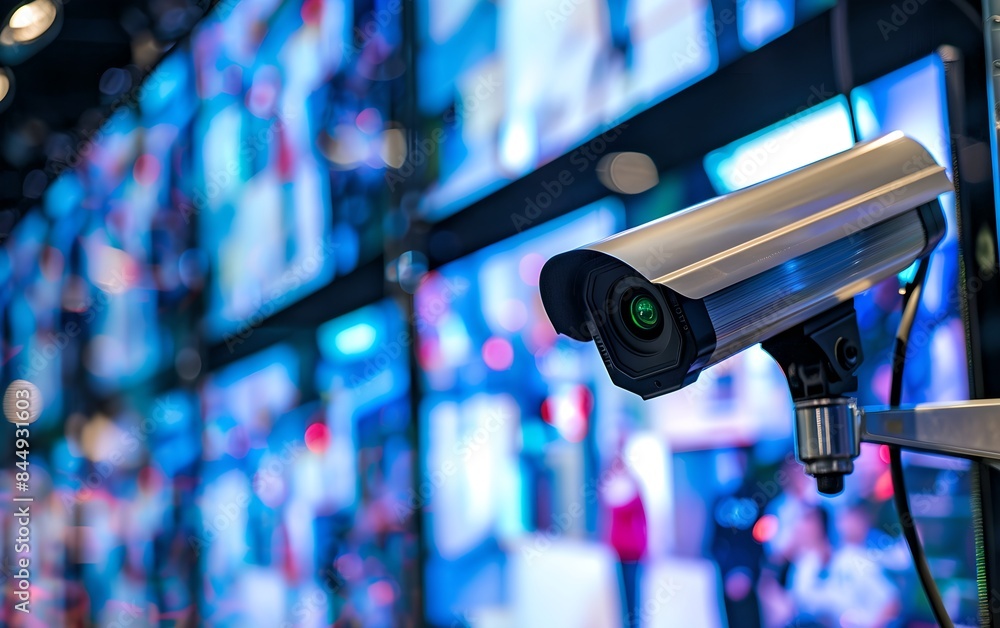 Poster cctv camera in modern control room with screens. surveillance system technology concept. electronic 