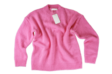 Pink flying crumpled women autumn knitted sweater with blank label tag isolated on white, transparent  background. Creative clothing concept, cozy creasy jersey pullover. Fashion template, mockup