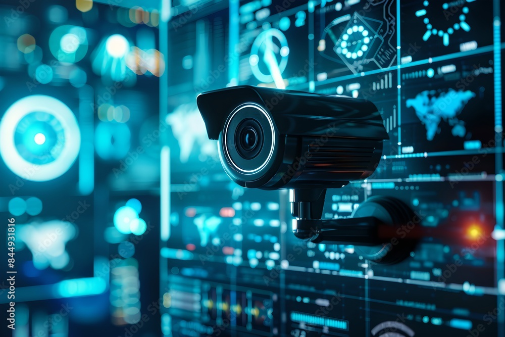 Poster CCTV camera with futuristic digital interface background. Advanced surveillance system technology concept. Electronic device for security and control. 