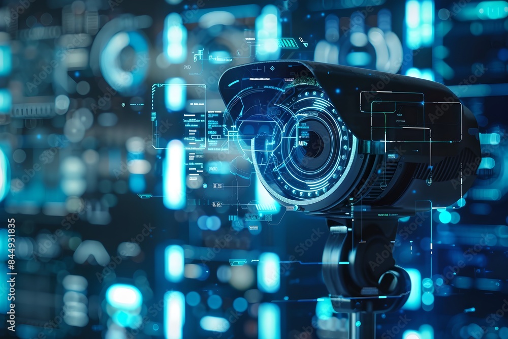 Poster CCTV camera with futuristic digital interface background. Advanced surveillance system technology concept. Electronic device for security and control. 