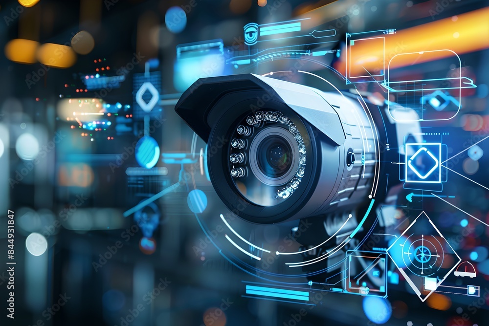 Poster CCTV camera with futuristic digital interface. Advanced surveillance system technology concept. Electronic device for security and control. 