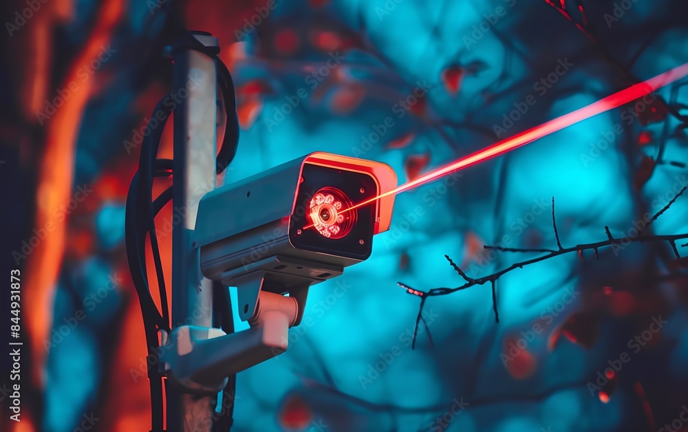 Aufkleber cctv camera with red laser in the park among trees. advanced surveillance system technology concept.