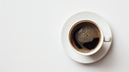 Black coffee in a white cup with saucer on a white backdrop