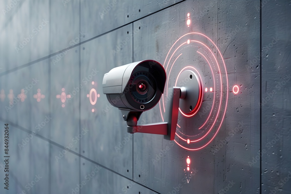 Poster CCTV camera with red digital interface on a concrete wall. Advanced surveillance system technology concept. Electronic device for security and control. 