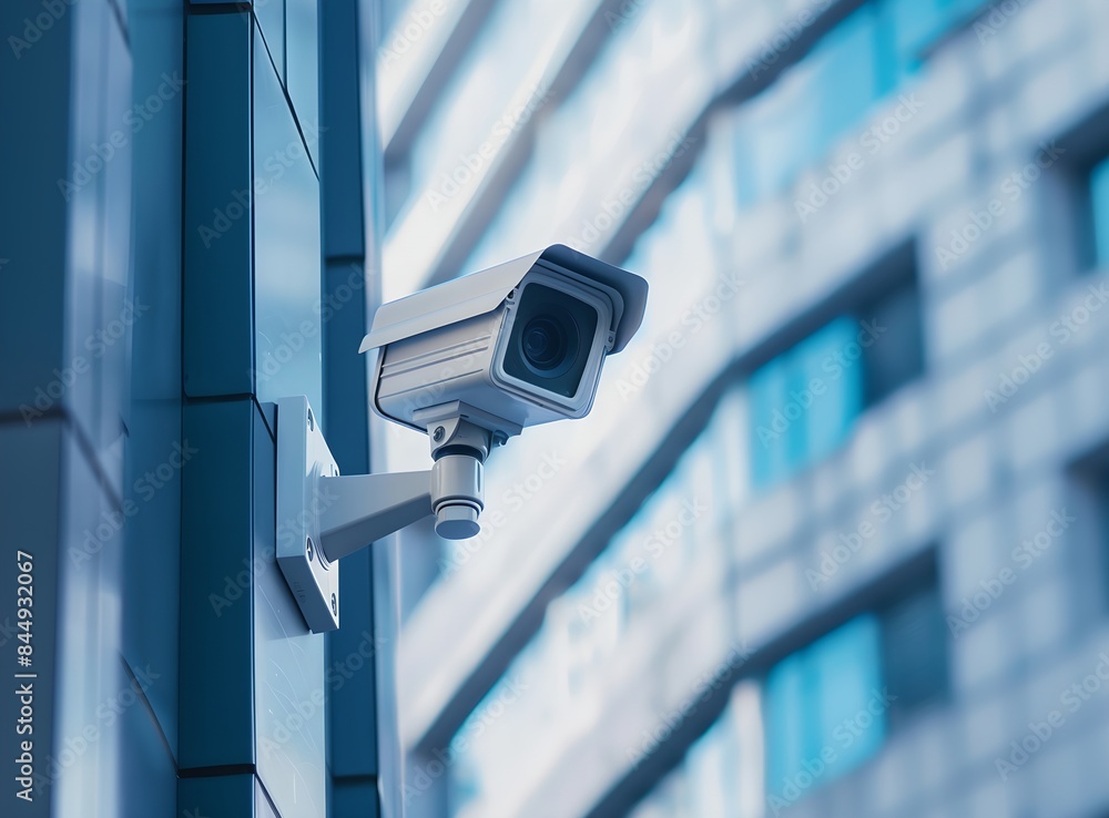 Poster modern cctv camera mounted on modern building facade. advanced surveillance system technology concep