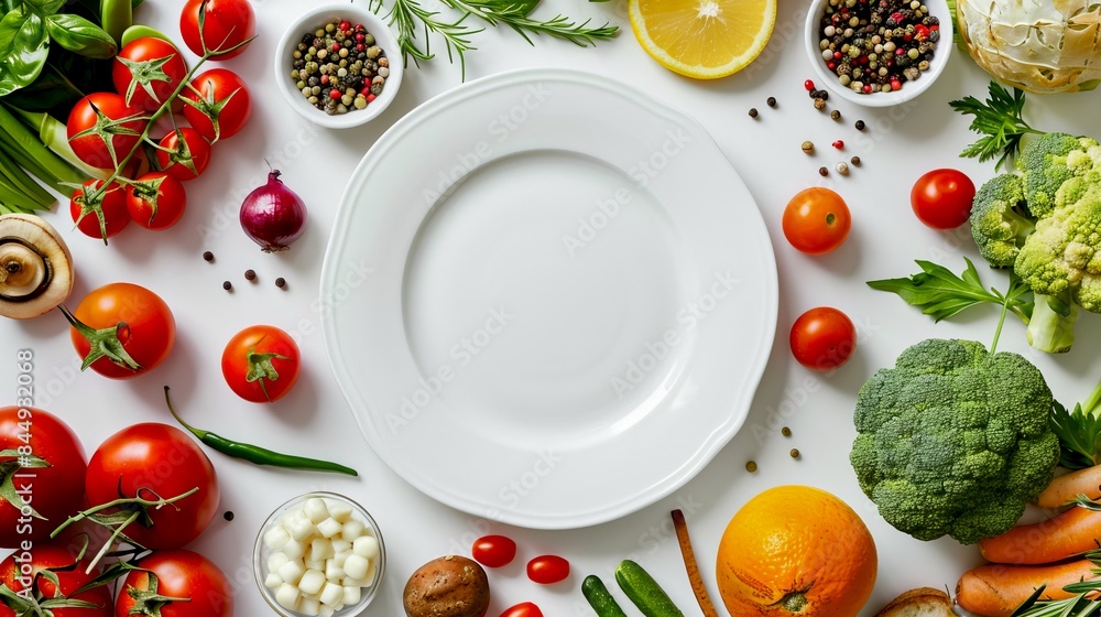 Poster Colorful Fresh Vegetables Around Empty White Plate. Flat Lay of Varied Produce on White Background. Perfect for Healthy Eating, Cooking, or Diet Conceptual Images. High-Resolution Food Photography. AI