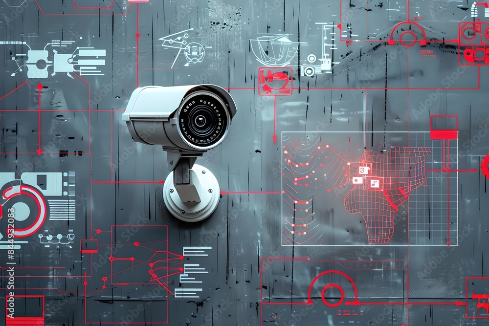 Poster CCTV camera against high-tech digital interface background. Advanced surveillance system technology concept. Electronic device for security and control. 