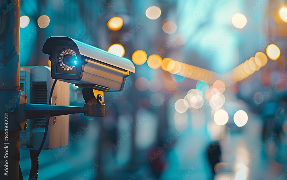 Poster CCTV camera on street with bokeh city lights background. Surveillance system technology concept. Electronic device for security and control. Banner with copy space