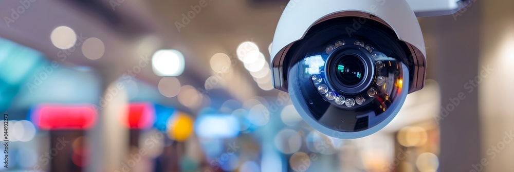 Aufkleber dome cctv camera in shopping mall with blurred background. surveillance system technology concept. e