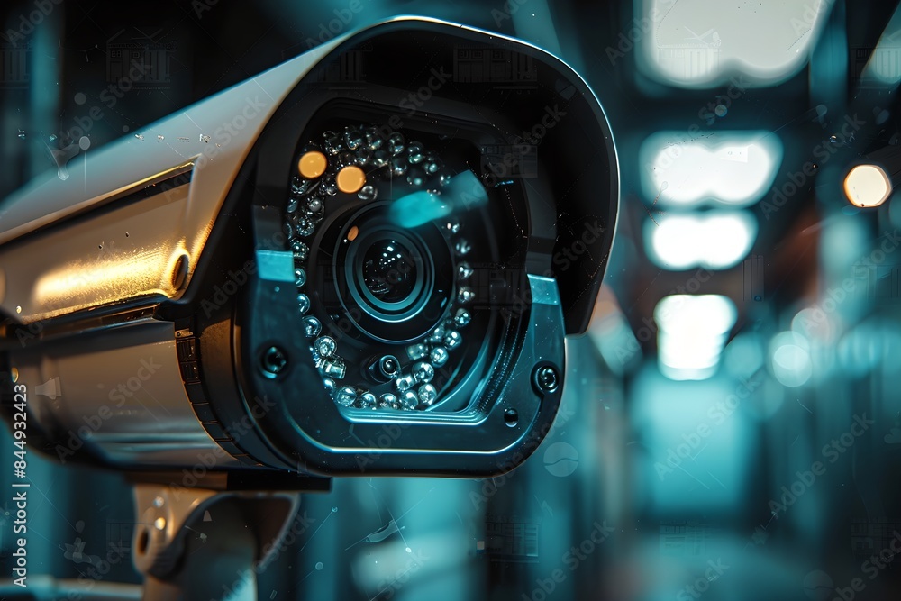 Poster Close-up of CCTV camera in dark corridor. Modern surveillance system technology concept. Electronic device for security and control. 