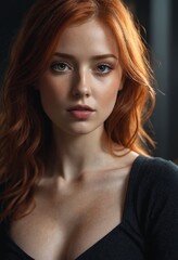 Fototapeta premium Elegance Unveiled: Wavy Red Locks Draped Over White Top