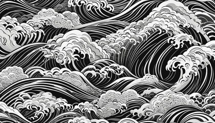 Vintage Asian inspired black and white hand-drawn wave texture pattern with transparent geometric circles in a traditional Japanese ornament design