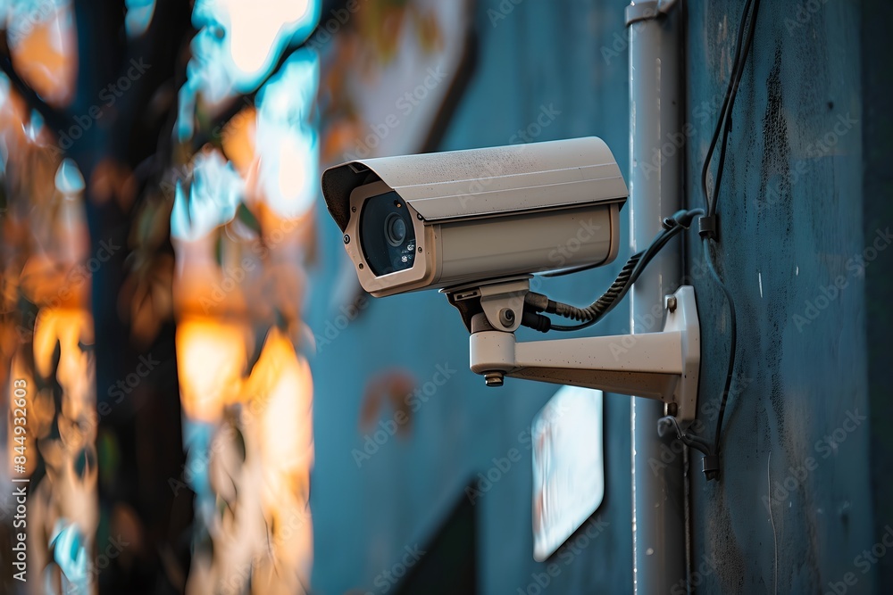 Poster CCTV camera on a wall with blurred background. Surveillance system technology concept. Electronic device for security and control