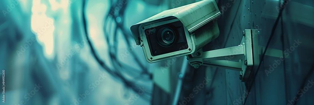 Poster CCTV camera on a concrete wall. Surveillance system technology concept. Electronic device for security and control. Design for header, banner with copy space