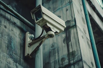 CCTV camera on a concrete wall. Surveillance system technology concept. Electronic device for security and control. Design for poster, banner