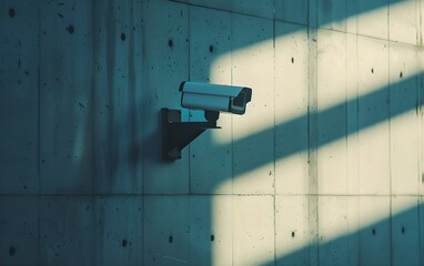 CCTV camera on a concrete wall. Surveillance system technology concept. Electronic device for security and control. Design for poster, banner. Minimalistic shot