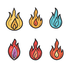 Six different flame icons varying colors styles, showing diversity fire. Brightly colored cartoon flames suitable various creative projects. Fire graphics set against isolated white