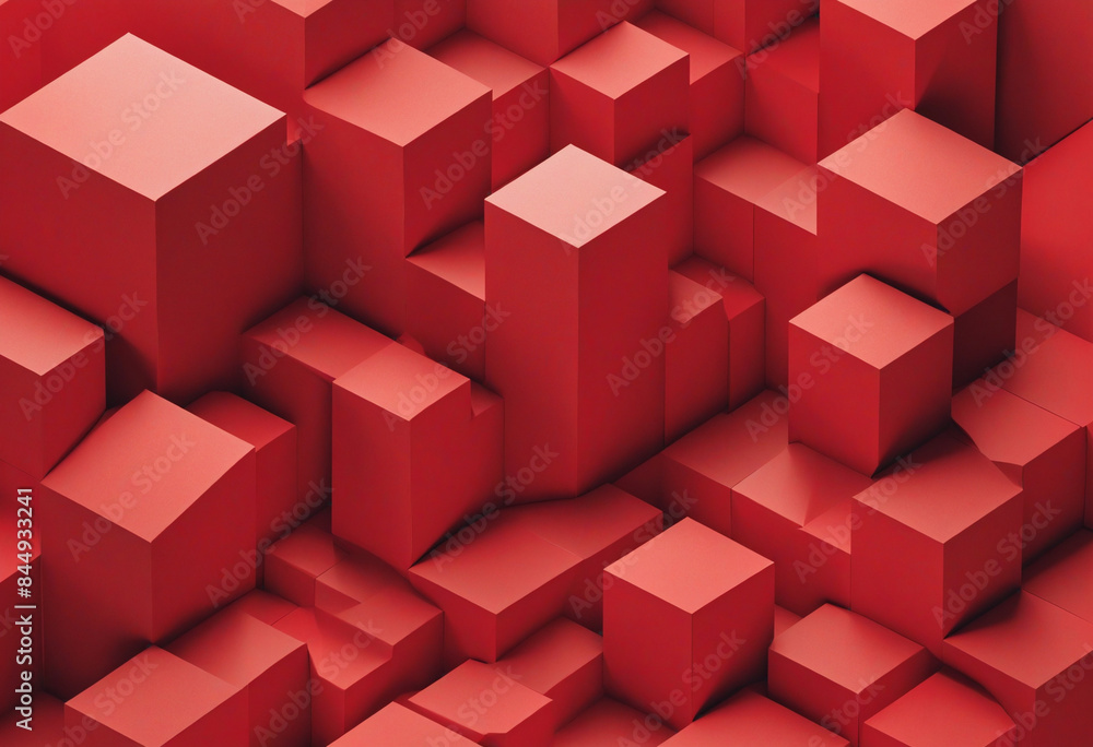 Poster red geometric shapes form a simple and minimalist three-dimensional composition on an abstract backg