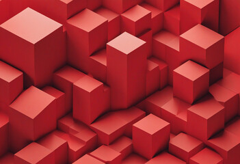 Red geometric shapes form a simple and minimalist three-dimensional composition on an abstract background design, creating a striking graphic illustration with empty space and clean lines