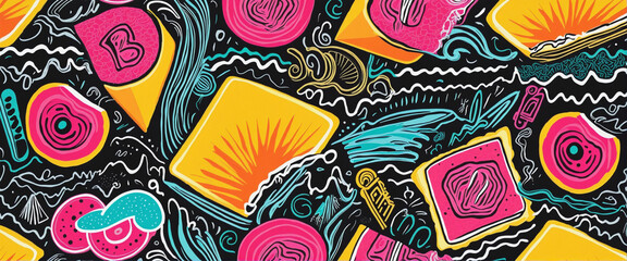 Collection of abstract neon print seamless patterns inspired by the vibrant design aesthetics of the 1980s and 90s, featuring retro shapes and bright colors in a cool and creative style