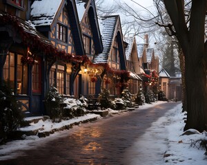 Winter street with houses and christmas decorations in the evening. Beautiful winter landscape with...