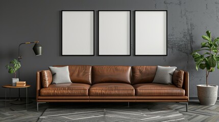 Frames mockup, gray living room interior with leather sofa, minimalist industrial style.