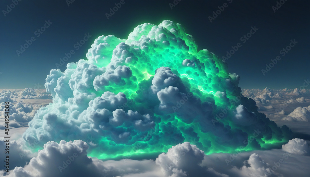 Wall mural three-dimensional cloud formation illuminated with neon glow in a surreal sky