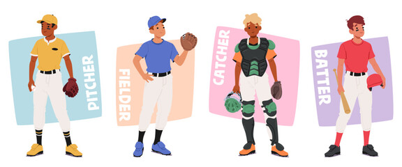 Fototapeta premium Vector Illustration Of Four Baseball Players Representing Different Positions. Pitcher, Fielder, Catcher And Batter