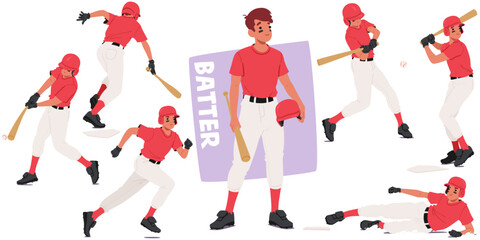 Baseball Player Batter In Various Action Poses. Player Character Is Shown Batting, Running, And Sliding On The Field