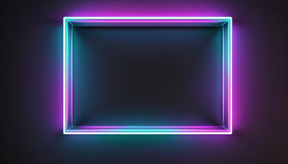 Futuristic 3D neon square frame glowing with gradient light on a dark background, perfect for product presentations